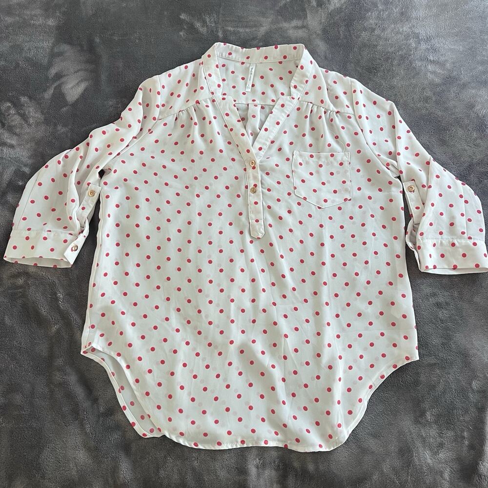 d.c.a couture Polka Dot Button Blouse White Red 3/4 Sleeve Collar Women's Size L